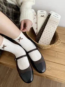 Korean style women knit socks with brown bow and lace trim, ideal for autumn daily wear.