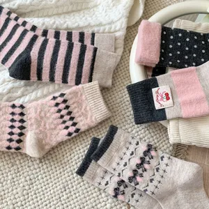 Cozy winter fleece lined mid-tube socks for women, thick thermal fluffy home socks.