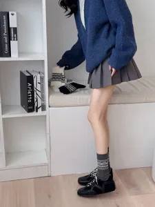 Korean vintage Fair Isle crew socks for women autumn winter grey patterned casual socks detail