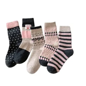 Women winter warm fleece mid tube socks cute bow pattern cozy thermal fuzzy socks set