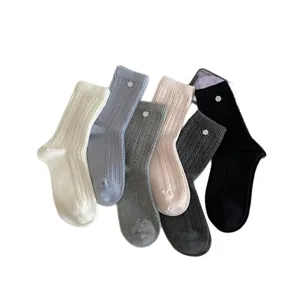 Women solid color cable knit mid tube socks cute shell button hosiery autumn winter set multi color