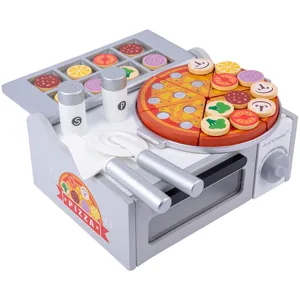 Wooden play kitchen pizza oven toy set with colorful sliceable pizza and accessories.
