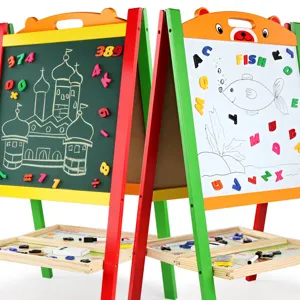 Kids wooden double-sided magnetic standing drawing board with educational toy set.