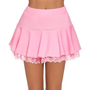 Pink lace pleated miniskirt detail showcasing the delicate layered hem and high waist design.