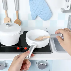Wooden kids pretend play kitchen toy set with stove pots and accessories for cooking fun.