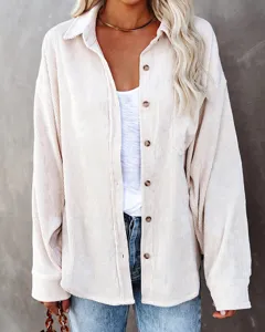 Women casual corduroy long sleeve button down shirt jacket with lapel and front pocket solid color