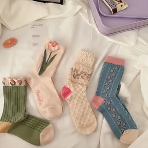 Women cotton mid-calf socks retro floral tulip cute sweet style aesthetic knit hosiery
