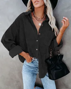 Stylish black corduroy button-down long sleeve shirt jacket for women, casual pocket top.