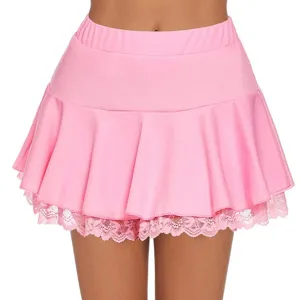 Women pink high waist pleated mini skirt with elegant lace trim for casual daily wear.