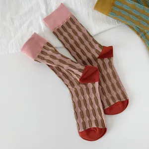 Women's retro contrast color cable knit mid-tube cotton socks vintage forest style daily wear