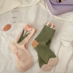 Women cotton mid-tube socks with cute tulip embroidery, retro style comfortable daily casual hosiery.