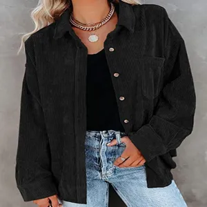 Women black corduroy shirt jacket casual long sleeve lapel single breasted buttoned detail