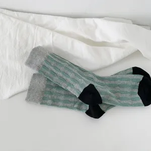 Women Cotton Contrast Color Twist 3D Relief Mid Tube Socks Retro Mori Style Casual Daily Wear Autumn Winter