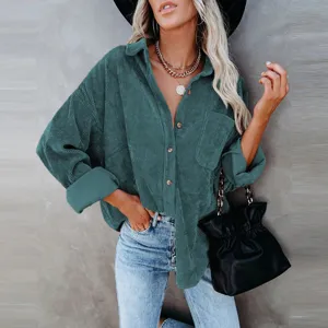 Women green corduroy button down shirt casual long sleeve lapel pocket jacket top main