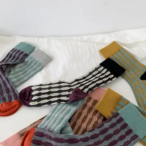 Details of color-blocked cable knit crew socks, retro Korean style cotton winter warm socks.