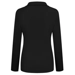 Back view detail of a classic black slim-fit women blazer showing neat tailoring and seams.