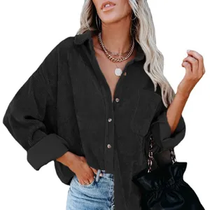 Women's Corduroy Long Sleeve Button Down Shirt Casual Lapel Pocket Jacket Outerwear