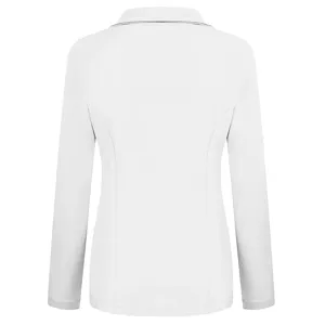 Back view of the white long sleeve blazer detail, slim fit lapel suit jacket for women.