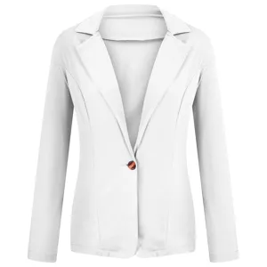 White long sleeve blazer jacket with lapel and single button, perfect for casual street wear.