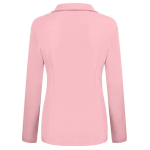 Back detail view of pink women slim fit long sleeve lapel blazer jacket single piece.