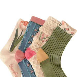 Women vintage sweet cotton mid-tube socks cute tulip floral print casual daily hosiery