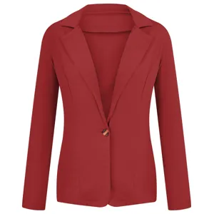 Detail view of red women's long sleeve lapel blazer jacket, slim fit daily office wear.
