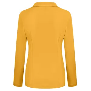 Back view detail of women's yellow lapel long sleeve slim fit blazer jacket, clean design.