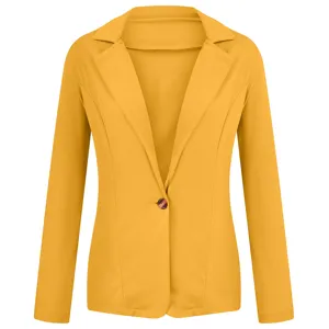 Yellow lapel long sleeve blazer detail view showing single button and slim fit tailoring style.