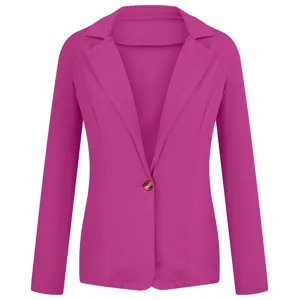 Women rose red slim fit lapel single button long sleeve casual blazer jacket detail view