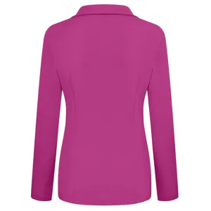 Detailed back view of a magenta women's slim-fit blazer with long sleeves and classic lapel.