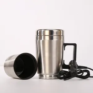 Detail view of a stainless steel car heating cup with 12V 24V plug and black handle for travel.