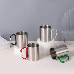 Tasse de camping en acier inoxydable avec poignée mousqueton, tasse à café portable voyage.