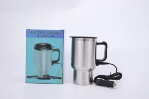 Stainless steel 12V car heated travel mug detail view with plug and packaging box.