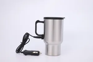 Stainless steel 12V car heating cup detail view with cigarette lighter plug and handle.
