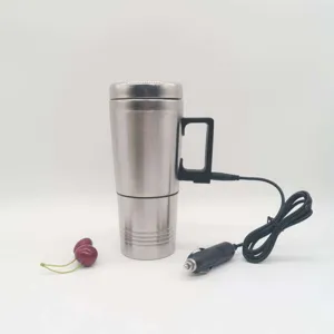 Stainless steel 12V 24V car heating mug with plug, portable electric thermos cup for travel.