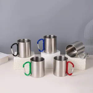 Tasse de Camping Portable en Acier Inoxydable Tasse à Café Isolé à Double Paroi Avec Poignée Mousqueton