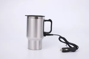 Stainless steel 12V car heating mug detail view, portable electric travel thermos cup for vehicle use.