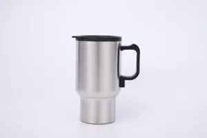 Stainless steel car heating mug with black handle and lid for travel vehicle use