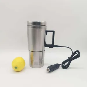 Detailed close-up view of stainless steel car heating cup featuring plug-in power cord.
