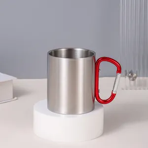 Tasse tasse en acier inoxydable avec mousqueton, tasse de camping portable rouge 300ml.