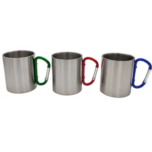 Stainless steel camping mug with carabiner handle, portable outdoor coffee cup for trip.