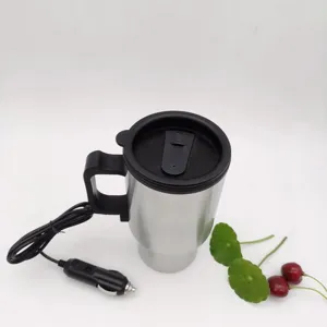Stainless steel 12V car heating mug with cigarette lighter plug, electric travel thermos cup.
