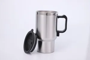 Detail view of stainless steel car mug with handle and black lid for travel and office.