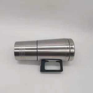 Stainless steel car heating cup detail view, durable metal body with black handle for travel.