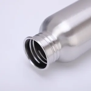 Stainless steel water bottle detail view, metallic texture, threaded neck close-up shot.