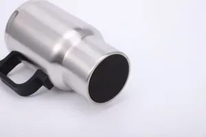 Stainless steel car travel mug with handle, 12V electric heating design for vehicle use.