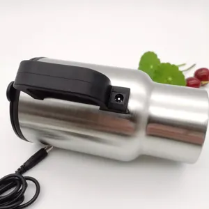 Stainless steel car heating cup detail view, 12v plug-in vehicle mug with power cord.