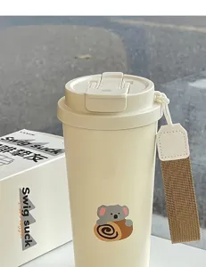 Stainless steel insulated travel mug with straw and cute koala strap, large capacity cup.
