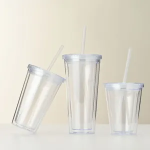 Klares doppelwandiges Kunststoff Trinkbecher Detail, transparent mit Strohhalm.