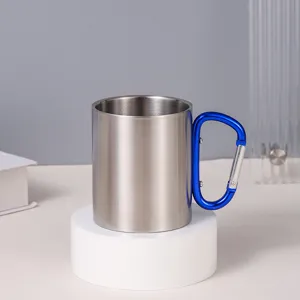 Tasse de camping en acier inoxydable avec poignée mousqueton, tasse isotherme de 300 ml.